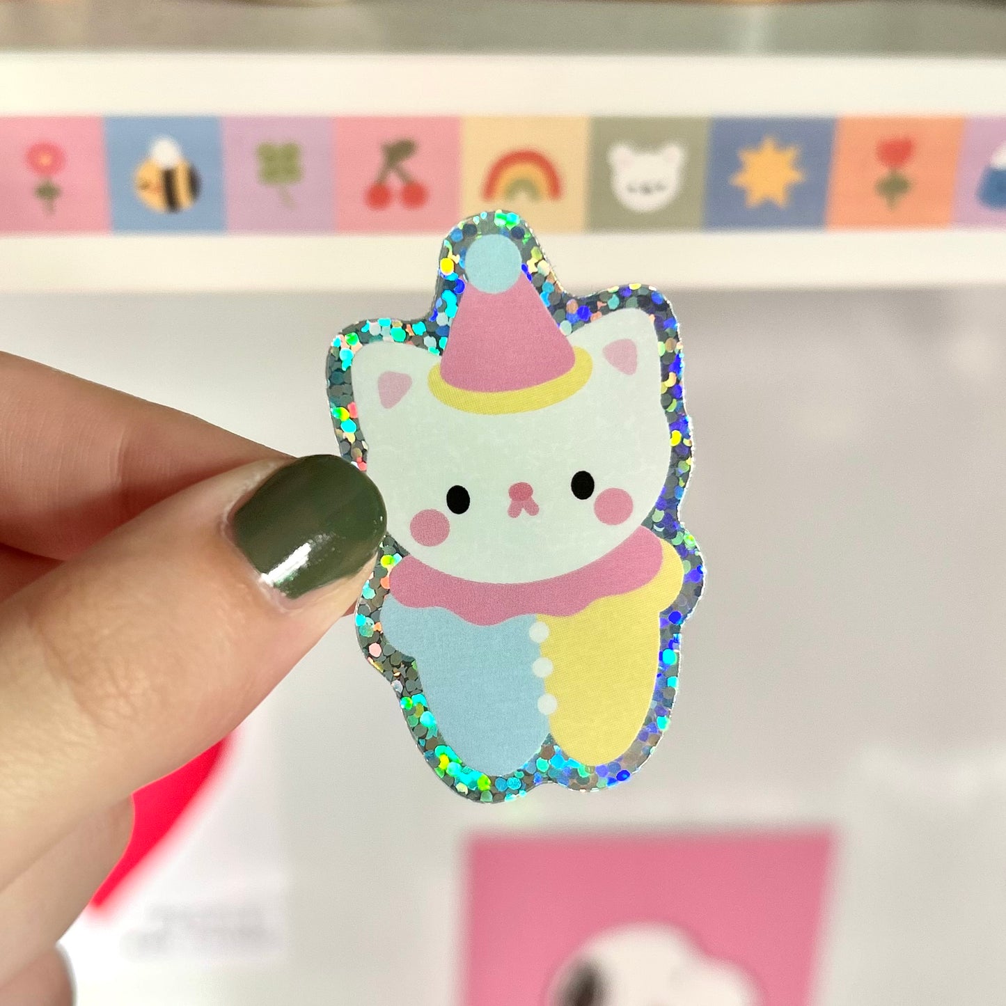 Clown Kitty Glitter Sticker